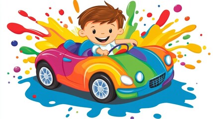 Fototapeta premium In white background, a cartoon kid and a 3D car are featured in a whimsical logo design