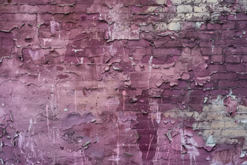 Obraz premium A grunge wall texture in deep burgundy, peeling with signs of heavy wear and tear, and exposed patches of brick.