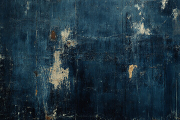 Fototapeta premium A grunge wall texture in deep navy, with weathered, faded patches, scratches, and signs of heavy wear.