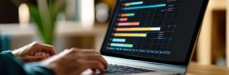 Close-up of hands typing on a laptop displaying colorful charts and graphs, representing data analysis and project management