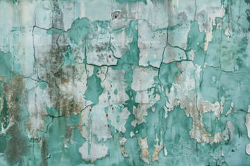 A grunge wall texture in faded aqua, with water stains, cracks, and visible layers of old, peeling paint.