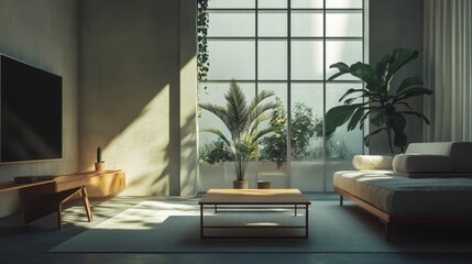 Fototapeta premium High-resolution shot of a minimalist living space with large windows, natural light, and a few carefully chosen decorative elements for a sophisticated look