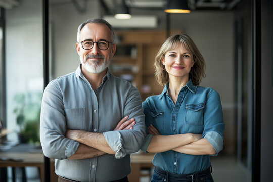 Smiling mature business professionals, a man and a woman, standing with arms crossed in a stylish office. Confident colleagues or partners in a corporate environment. Teamwork, leadership and business
