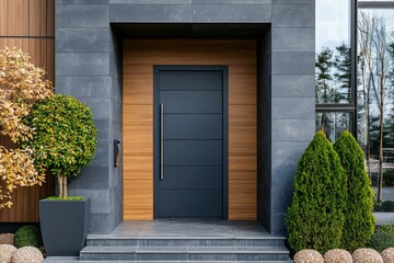 Style suburban house with grass in pot and wooden path in front of front door