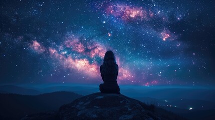 A lone woman sits on a mountain peak under a vibrant starry sky, deeply immersed in the vast expanse of the universe, evoking a sense of solitude and wonder.