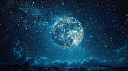 Fototapeta premium A captivating view of a bright full moon glowing intensely against a starry night sky, with soft clouds beneath, evoking a sense of wonder and tranquility.