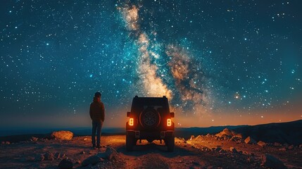 A solitary figure stands beside an off-road vehicle and gazes up at a star-filled night sky with the Milky Way, symbolizing wonder and exploration on rugged terrain.