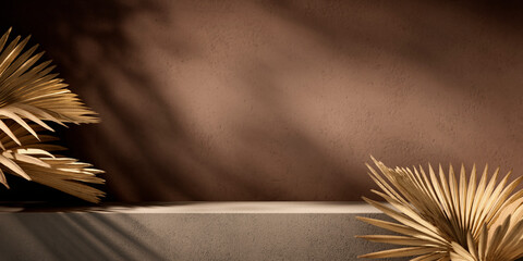 Empty product placement stage with natural light and dry palm home decor on brown wall. Autumn background mockup for beauty, spa and cosmetic showroom. Aesthetic showroom table platform 