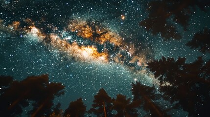 Fototapeta premium A stunning view of the galaxy from a forest clearing, showcasing the radiant stars and the Milky Way, framed by tall trees, representing nature's cosmic magnificence.
