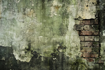 A grunge wall texture in olive green, with rough, gritty patches and exposed bricks showing through.