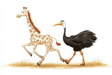 This playful image shows a friendly cartoon giraffe and an ostrich running side by side on a grassy plain, showcasing their fun and animated nature.