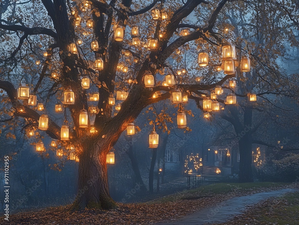 Poster a large tree adorned with numerous glowing lanterns creates a magical and serene ambiance on a misty