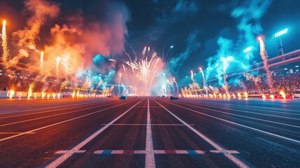 Vibrant fireworks illuminate a racing event at night, capturing the excitement of the crowd and high-speed cars. Generative AI