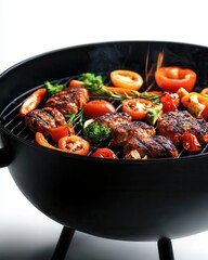 Delicious grilled chicken and vegetables in a black barbecue grill, evoking summer gatherings and culinary delight.