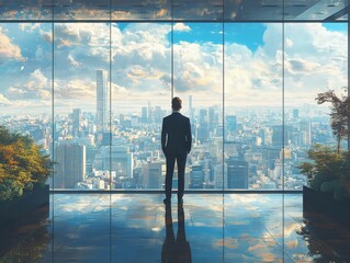 Plakat A businessman stands in a high-rise office building, looking out at a panoramic view of a bustling cityscape through floor-to-ceiling windows on a bright day, symbolizing success and ambition.