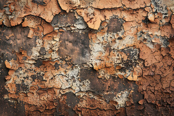 Obraz premium A grunge wall texture in rusty brown, featuring heavy corrosion, cracks, and patches of missing paint.