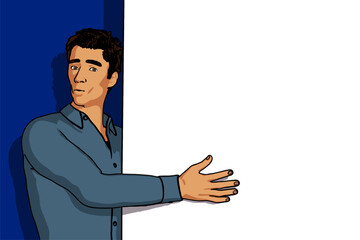 man holding and showing white billboard canvas blank copy space drawing 
