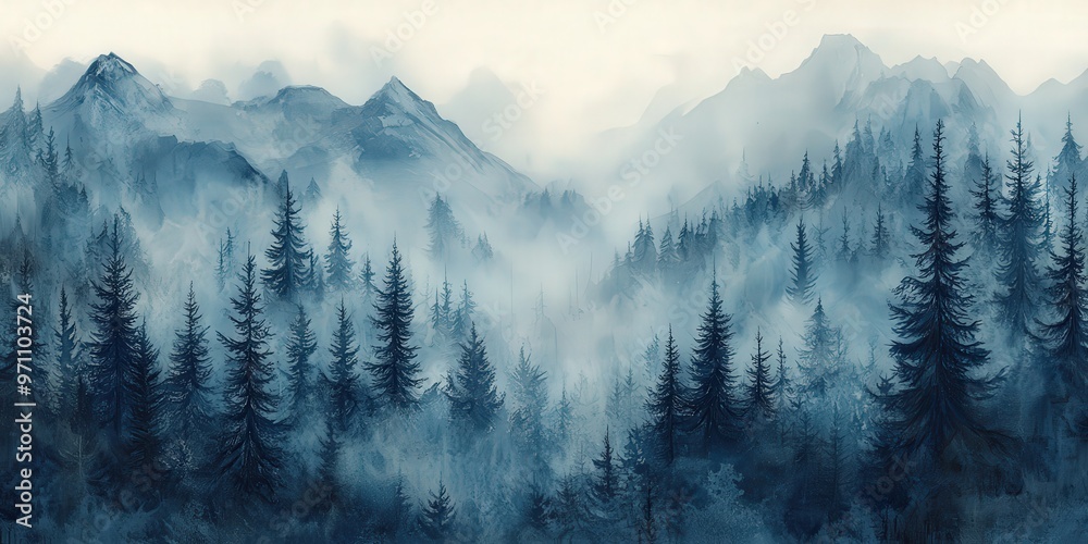 Wall mural a serene watercolor painting of a misty forest with towering trees and distant mountains, creating a