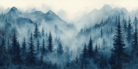 A serene watercolor painting of a misty forest with towering trees and distant mountains, creating a tranquil and dreamy atmosphere perfect for nature-inspired designs, wall art, or calming visual pro