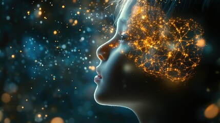 Obraz premium Visualization of brain waves and synapses in a child mind, glowing neural pathways representing learning and imagination.