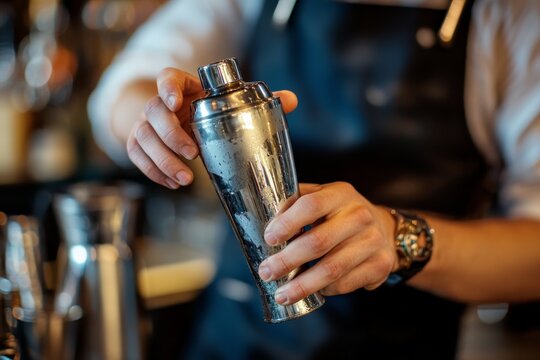 Bartender shaking a sleek cocktail shaker with intent focus, demonstrating mastery and passion in the art of mixology, ready to serve a perfectly blended drink.