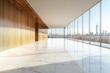 Obraz premium Three-dimensional rendering for car presentation on a blank concrete floor with city skyscraper tops visible through the metallic railing on a sunny day.