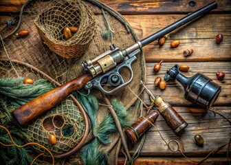 Rusty, retro-style fishing rod-turned-pistol hybrid lies on a worn, wooden dock, surrounded by...