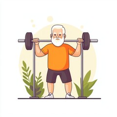 Elderly man lifting weights, strength training, cartoon style, neutral tones, isolated on white background