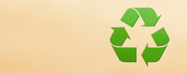 Recycle icon green color on pastel retro gradient with  grain texture background. Banner. Template copy space.  Space for text. Eco symbol. Environmental recycle concept