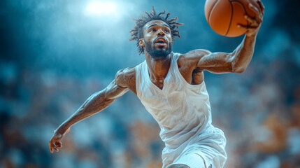 Professional basketball player leaping to score a slam dunk in a sports arena during a game