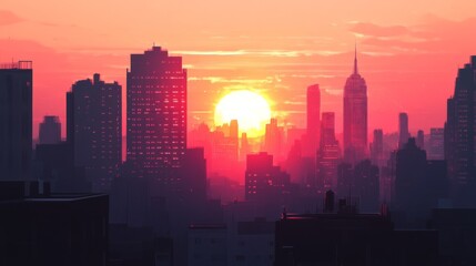 Fototapeta premium High-resolution view of a sunset framed by the silhouette of tall buildings, with the sky painted in hues of orange and pink and the sun partially hidden behind the skyline.