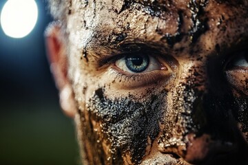 A striking close-up image of a person's face covered in mud, highlighting a sharply focused eye contrasting with the muddy texture and dimly lit background.