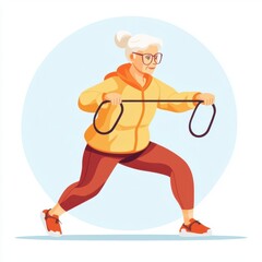 Elderly woman doing strength training with resistance bands, fitnessfocused, flat design, muted tones, isolated on white background
