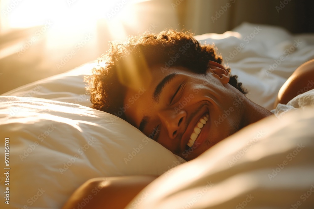 Poster a person captured in a moment of serene sleep, relaxed in their bed with sunlight gently filtering t