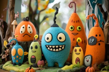 Fototapeta premium Halloween is a non-scary decor for children with soft felt and smiling characters, funny and cute, not creepy.