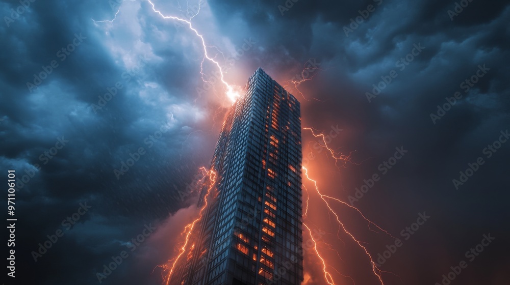 Poster High-resolution view of lightning striking a tall building during a summer thunderstorm, with dramatic illumination and stormy clouds overhead