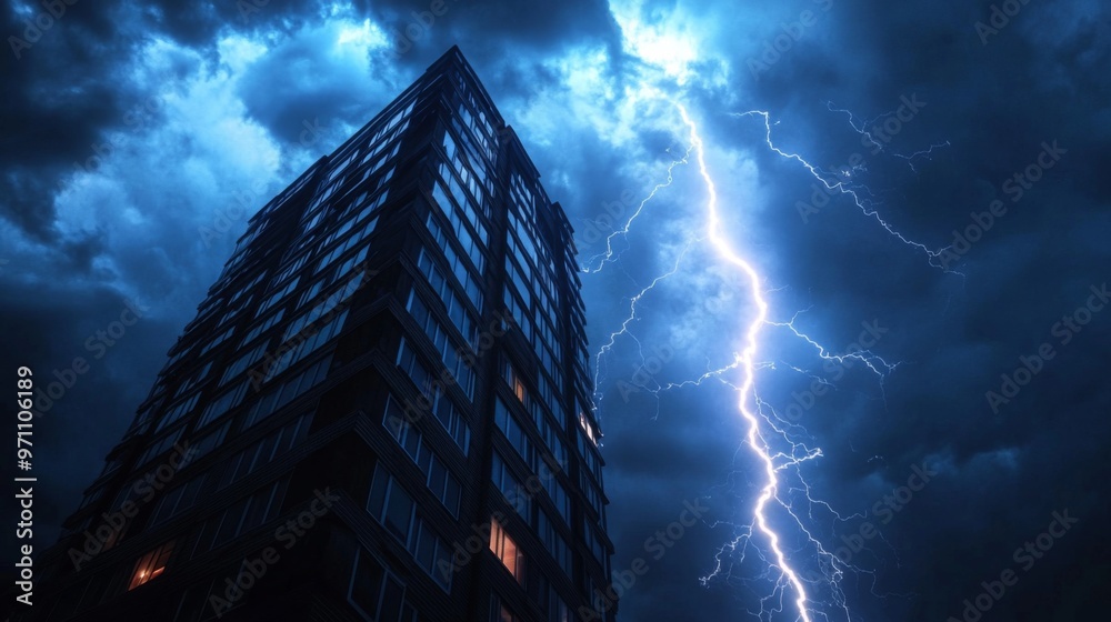 Poster High-resolution view of lightning striking a tall building during a summer thunderstorm, with dramatic illumination and stormy clouds overhead