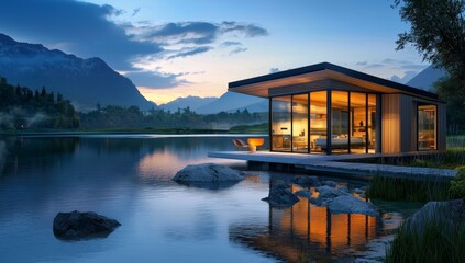 Obraz premium Design of a modern Nordic-style concrete and glass home on a mountain lake.
