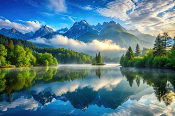 Serene 1080p HD background featuring a majestic misty mountain range surrounded by lush greenery and a tranquil lake reflecting a vibrant blue sky.