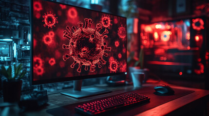 Dark room with computer displaying a virus alerting the user of a cyber attack