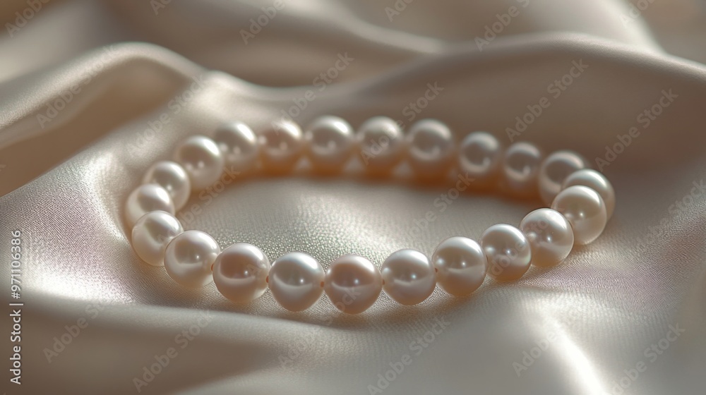 Poster Macro shot of a pearl bracelet resting on a silk fabric, focusing on the soft shimmer and perfect roundness of the pearls.