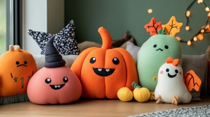 Obraz premium Halloween is a non-scary decor for children with soft felt and smiling characters, funny and cute, not creepy.