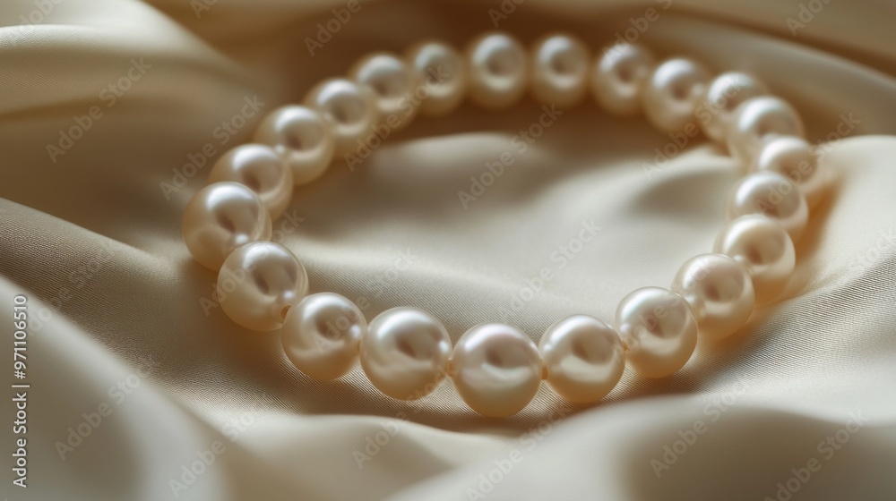 Poster Macro shot of a pearl bracelet resting on a silk fabric, focusing on the soft shimmer and perfect roundness of the pearls.