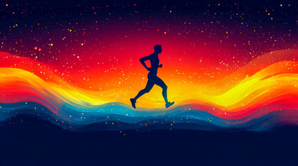 Naklejka premium Energetic illustration of an athlete running in a vibrant and colorful galaxy, symbolizing determination, motivation and success