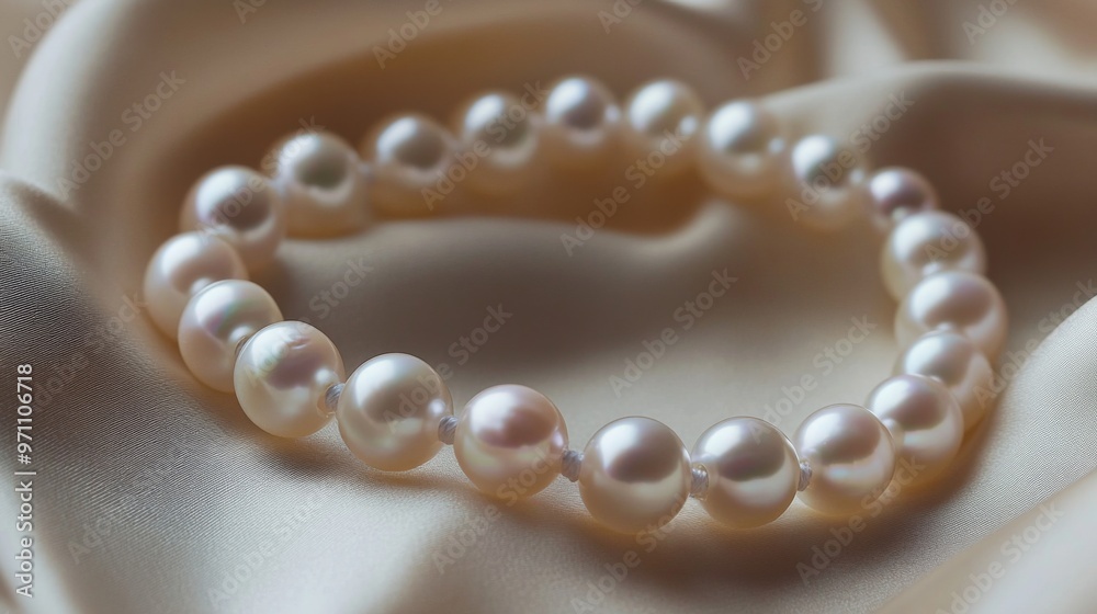 Poster macro shot of a pearl bracelet resting on a silk fabric, focusing on the soft shimmer and perfect ro