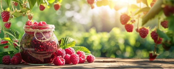 Ripe raspberries scattered around a glass jar filled with homemade raspberry jam, captured in natural sunlight