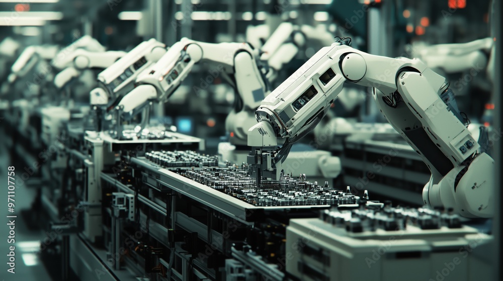 Poster a factory with robots working on a production line. the robots are white and are working on a convey