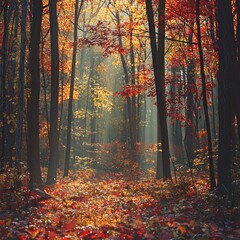 Fototapeta premium Autumn Forest with Sunlight Filtering Through Colorful Leaves