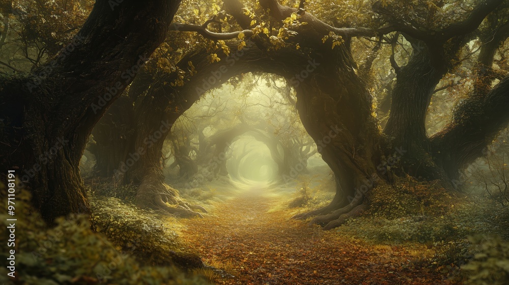 Wall mural a forest path with trees on either side