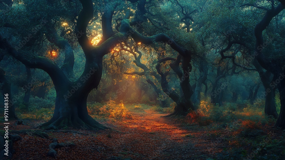 Wall mural a forest with trees and a path. the trees are dark and the path is illuminated by the sun